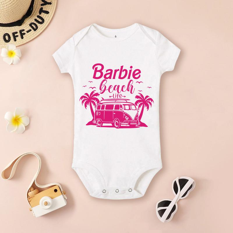 Product Introduction of Barbie Cartoon Fashion Printed Baby Girl Bodysuit Baby Trend Short Sleeve Jumpsuit Newborn Pajamas 7