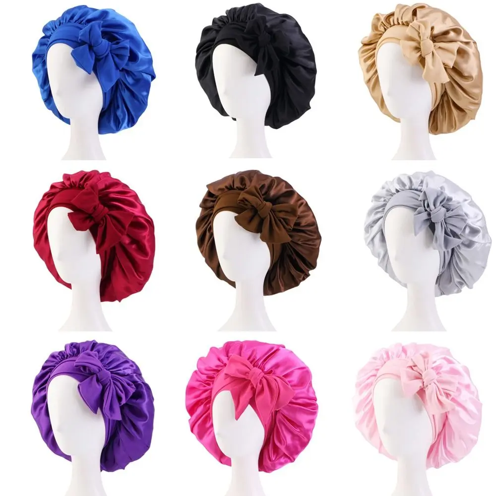 Breathable With Headband Sleeping Cap Turban Bonnet Satin Silk Nightcap Hair Care Wide Band Beanie Women Children