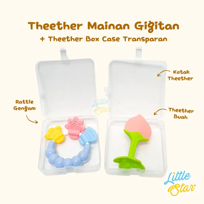 Paket Mainan Gigitan Bayi Newborn Baby Theether Dengan Case Box Transparan Empeng Buah Gelang Gengam Rattle Silikon Kerincingan BPA Free Teether 0