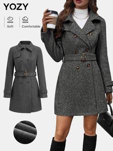 YOZY Women's Solid Color Double Button Belted Woolen Coat, Casual Long Sleeve Collared Outerwear for Fall & Winter, Women's Clothing for Daily Wear