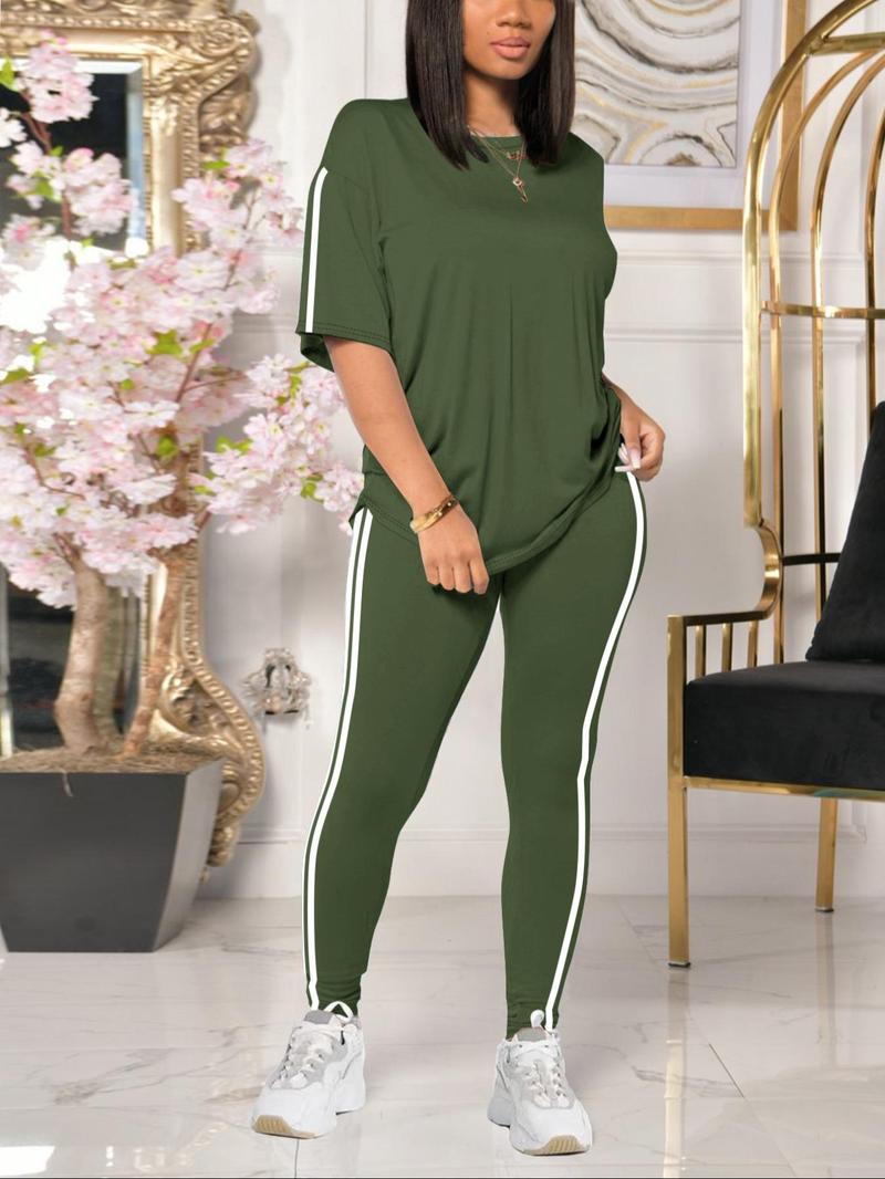 Product Introduction of Two-Piece Set Women's Side Stripe Tee & Pants Set, Casual Round Neck Half Sleeve T-shirt & Trousers, Women's Spring & Fall Clothes 5