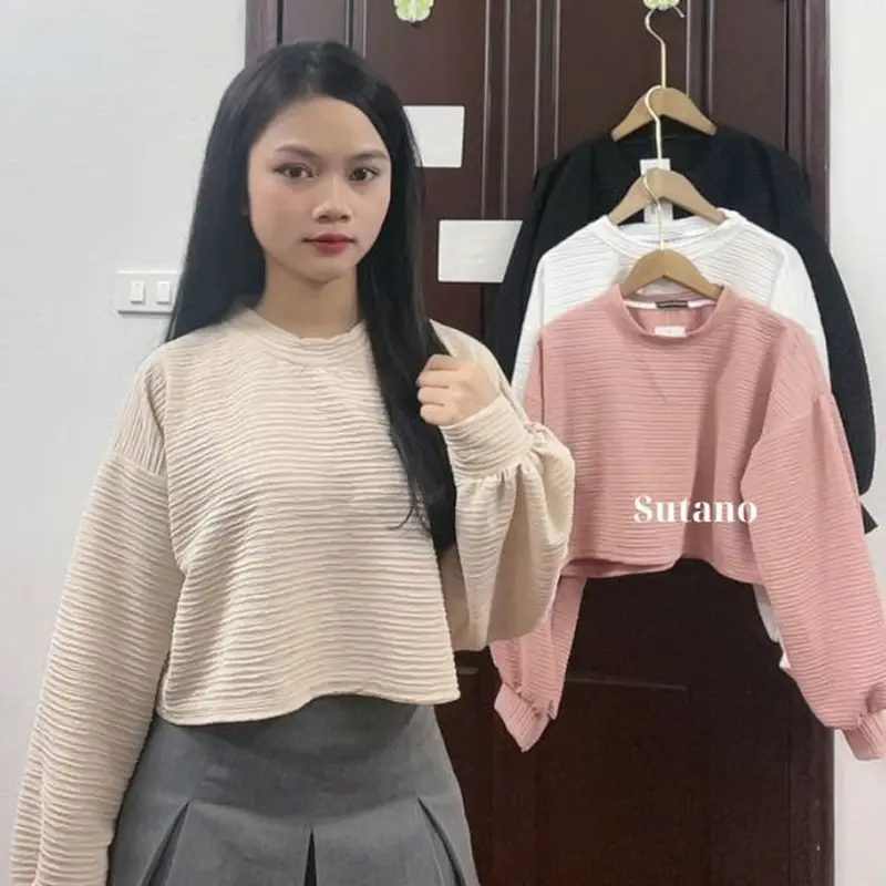 Áo thun nữ croptop xốp nhăn form rộng tay tay bồng áo thun dài tay cổ tròn trẻ trung phong cách Hàn Quốc A540 SUTANO 6