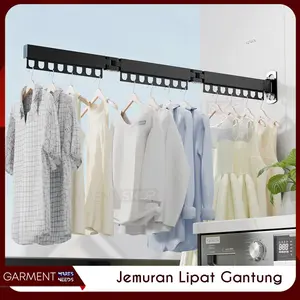 Jemuran Dinding Tarik Lipat Panjang Adjustable Gantungan Baju Selimut Kuat Aluminium Black Steel