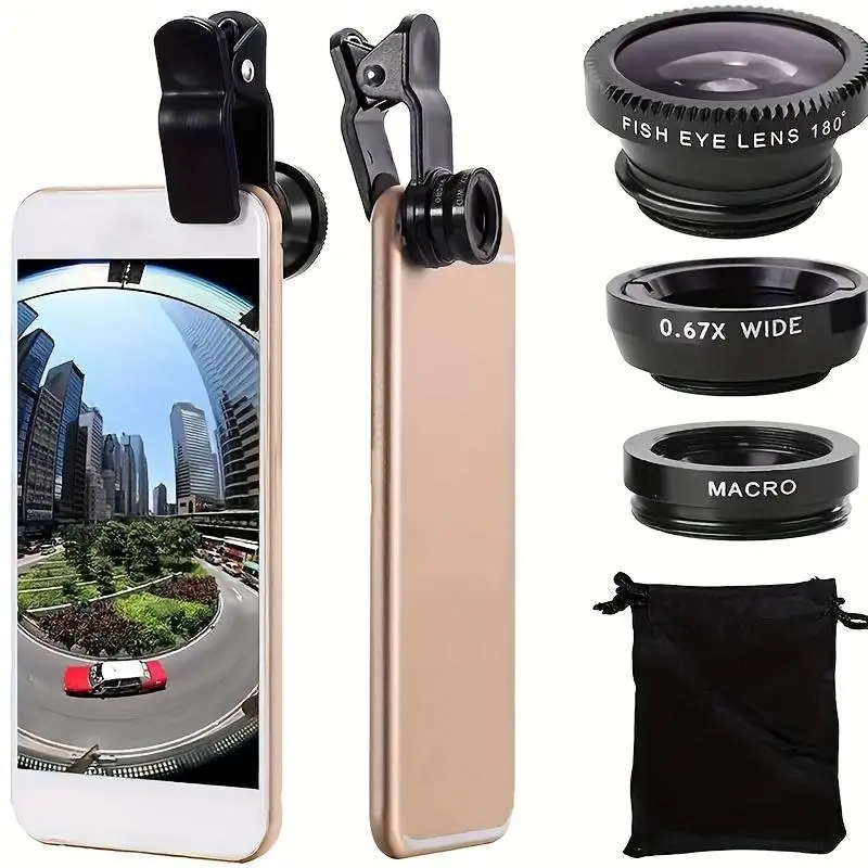 3 In 1 Mobile Phone Lens, Wide Angle & Macro & Fisheye Shooting, 180° Fisheye HD Mobile Phone Lens With A Protective Pouch Easy To Carry, Universal Lens For Android & iPhone
