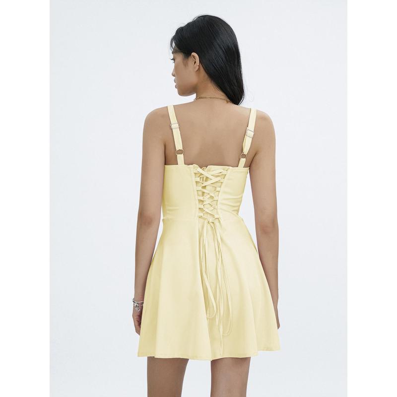 Product Introduction of SUPER-Women Summer Solid Color Tie-Up Fishbone Corset Waist Shaping Sleeveless Short Dress 55