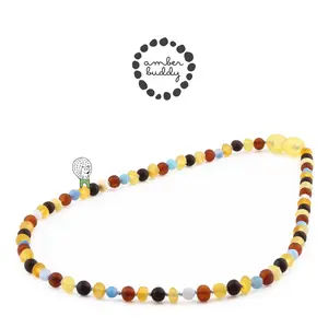 Amber Buddy | JN112 Kalung Anak Baltic Amber Kombinasi Blue Frost Agate. 38 cm Junior