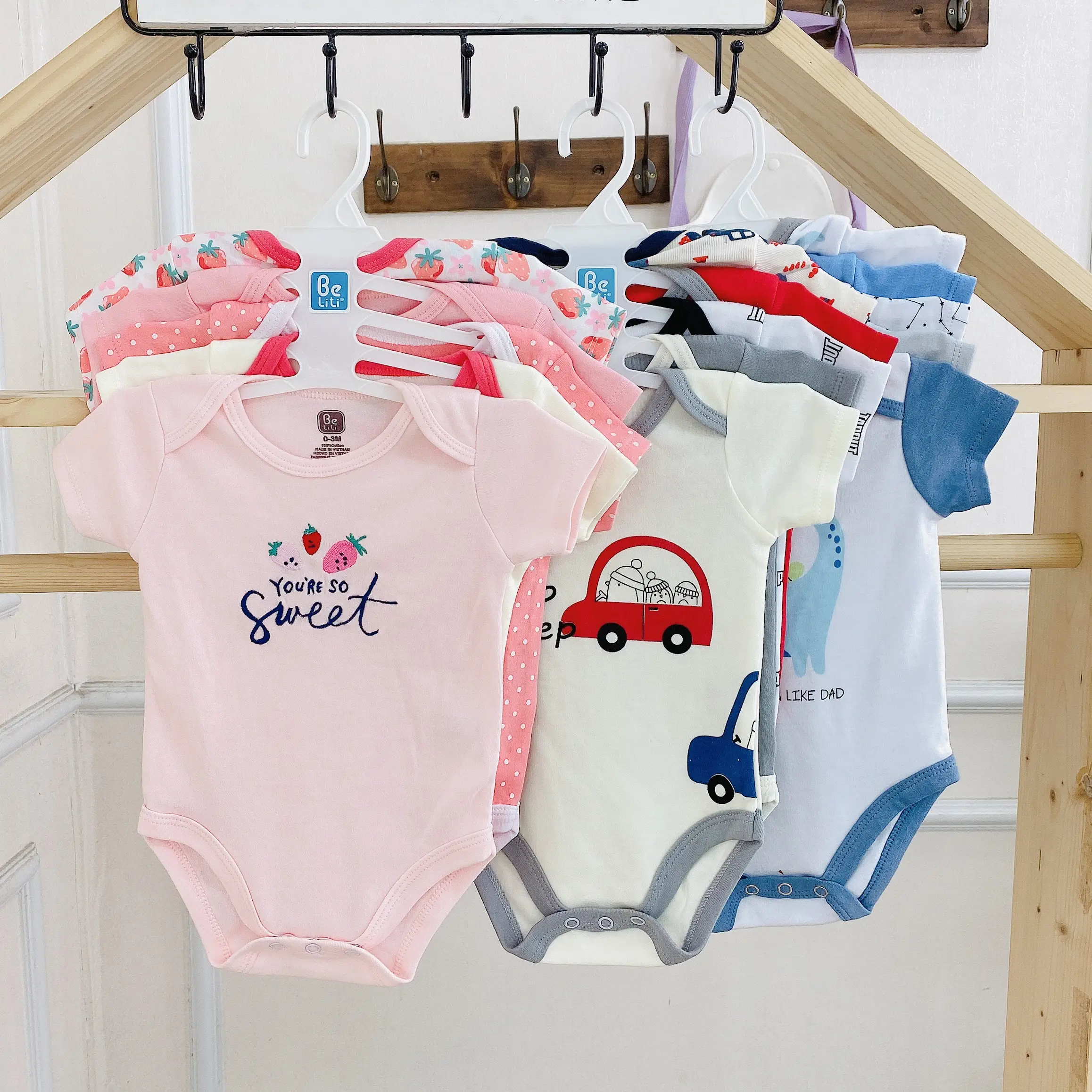 Set 5 Áo liền quần ngắn tay cho bé sơ sinh 3-9kg chất vải Cotton xuất dư BC11