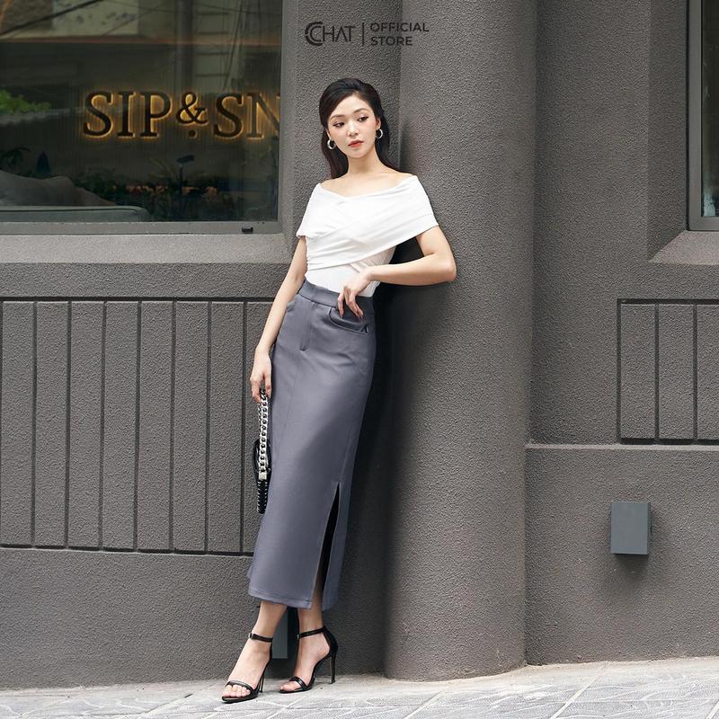  Chân Váy Nữ CCHAT TTMS Dáng Xẻ 1 Bên Chất Tuytsi 13CDS2022AT 