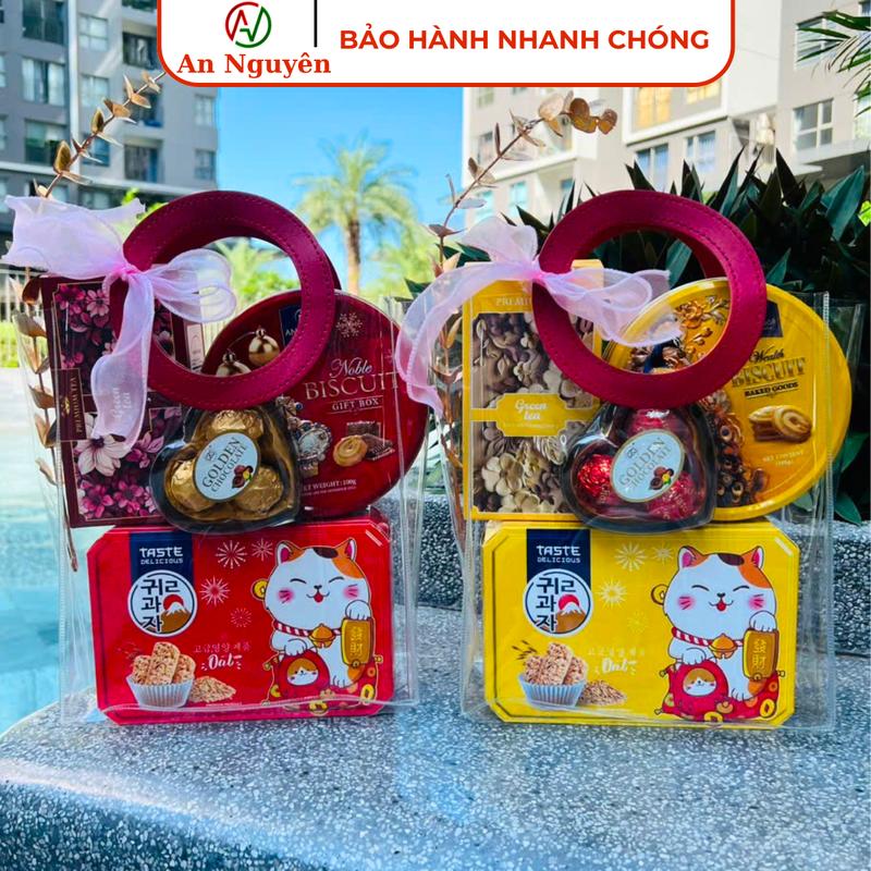 Set Giỏ Quà Tết Mix 4 Loại Bánh, Kẹo, Trà Kèm Túi Nhựa Trong Và Phụ Kiện Trang Trí Sang Trọng Đi Chúc Tết, Bộ Quà Tết, Hộp Quà Tết Kem Snack Ăn Vặt Candy