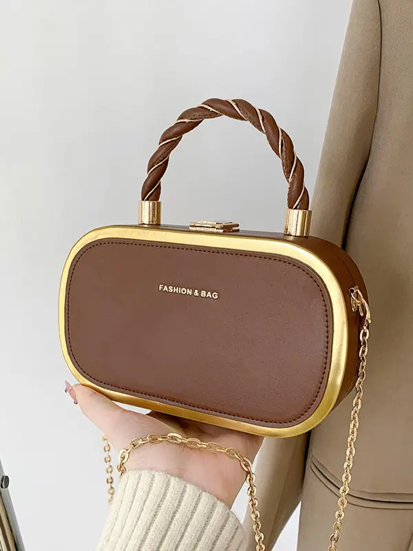 Women's Fashion Buckle Twist Decor Top Handle Chain Strap Crossbody Bag, Simple Letter Detail Metallic Trim Design All-match Box Bag, PU Leather Satchel, Unique Bags, Everyday Bags, Purse Women, Unique Gifts for Women 1