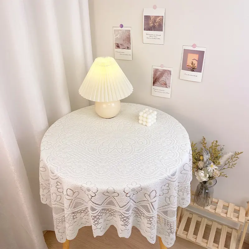 Khăn trải bàn màu trắng phối ren, dùng cho bàn tròn, bàn vuông, decor vintage , trang trí nhà 4