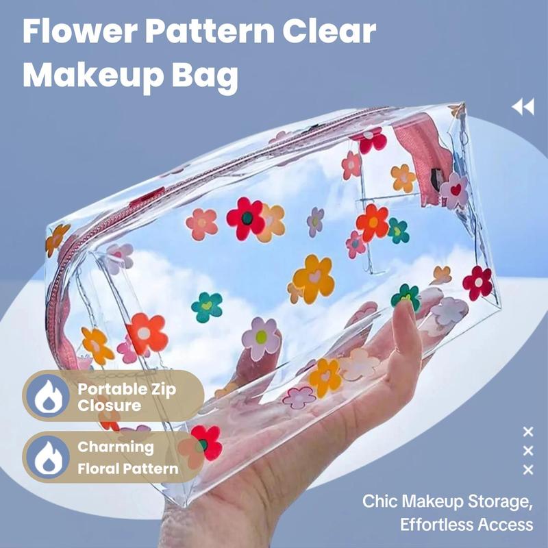 Flower Pattern Clear Makeup Bag, Portable Cosmetic Storage Bag, Zipper Makeup Organizer Pouch, Versatile Storage Bag for Skincare, Lotion, Cream, Lip Balm, Eyeliners, Stationery, Makeup Holder 1