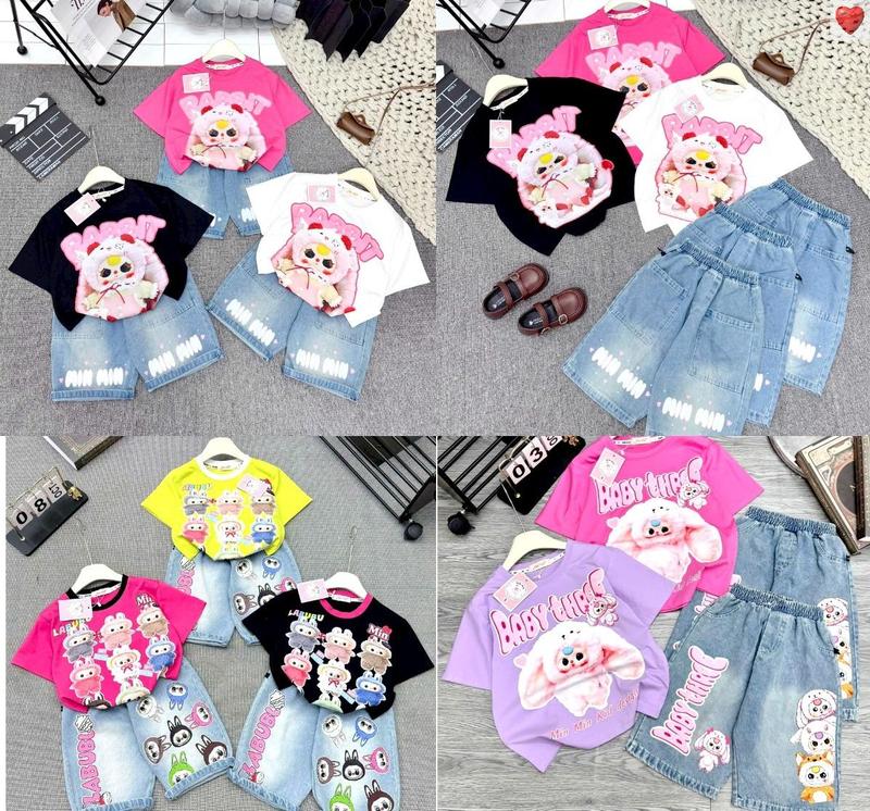 MinMinKid2 18-45kg dưới 1m55 Set áo thun cotton in hình Labubu Baby Three ngộ nghĩnh phối QUẦN JEAN NGỐ cá tính trendy cho bé gái