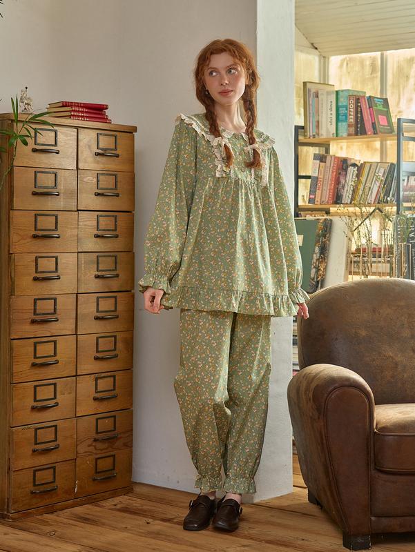 Bộ ngủ nữ Ullala xuân hè dài tay hoa xanh Anne Forest Road Women Cotton 1