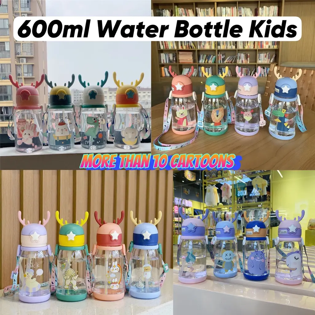 600ML Unicorn Mermaid Water Bottle Kids Cartoon BPA Free Drinking Bottle with Straw Botol Air Kanak-kanak Straw Deer Silicone Blue