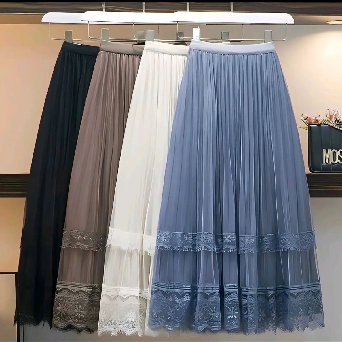Chân Váy Lưới Dài Phối Ren 4 Màu Cạp chun co dãn