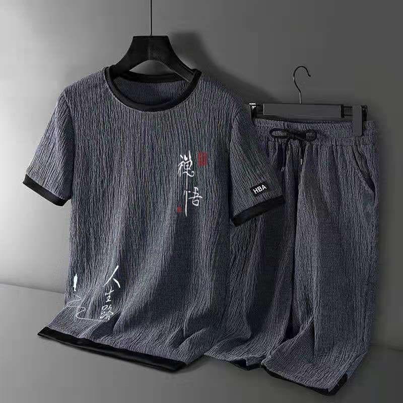 Bộ Đồ Lụa Lạnh Bộ Đồ Thể Thao Thường Ngày Cho Nam, Dáng Rộng Vừa Vặn, Ngoại Cỡ, Hợp Xu hướng Mùa Hè, ngắn Tay, Quần Cropped Xén, Bộ Đồ Hai Mảnh Thời Trang, Thích Hợp Cho Bộ Sưu Tập 7220 Người, Hợp Xu hướng 8