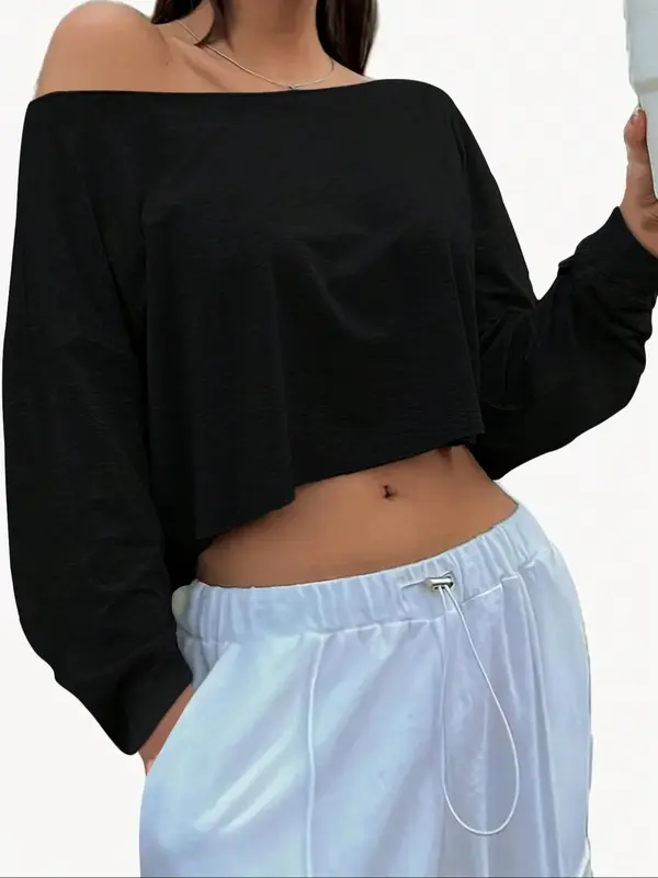 Women's Plain Boat Neck Crop Sweatshirt, Casual Long Sleeve Batwing Sleeve Pullover For Summer, Fashion Women's Clothes For Daily Wear 6