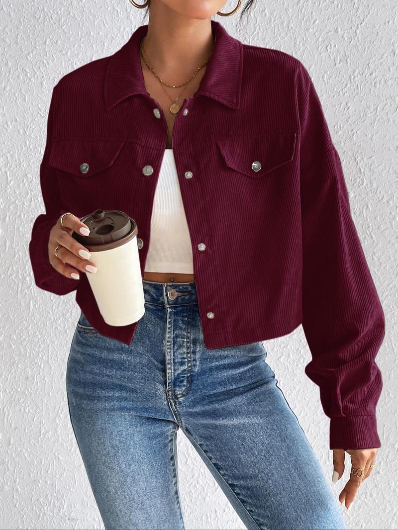 Product Introduction of [2025]Women's Plain Button Front Collared Long Sleeve Jacket, Y2k Clothes, Casual Drop Shoulder Pocket Corduroy Jacket, Shacket Coat for Fall & Winter, Jacket for Women Back To School, Holiday Outfits, Coats for Women, School Essentials 5