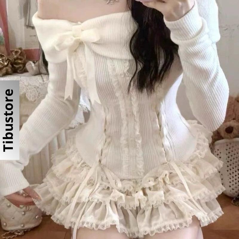 Set Áo Trễ Vai Tay Dài Đính Nơ Bèo Ren Phối Chân Váy Voan Xoè Tầng TIBU Set Đồ Nữ Tiểu Thư Sang Chảnh Đi Chơi Tiệc B271