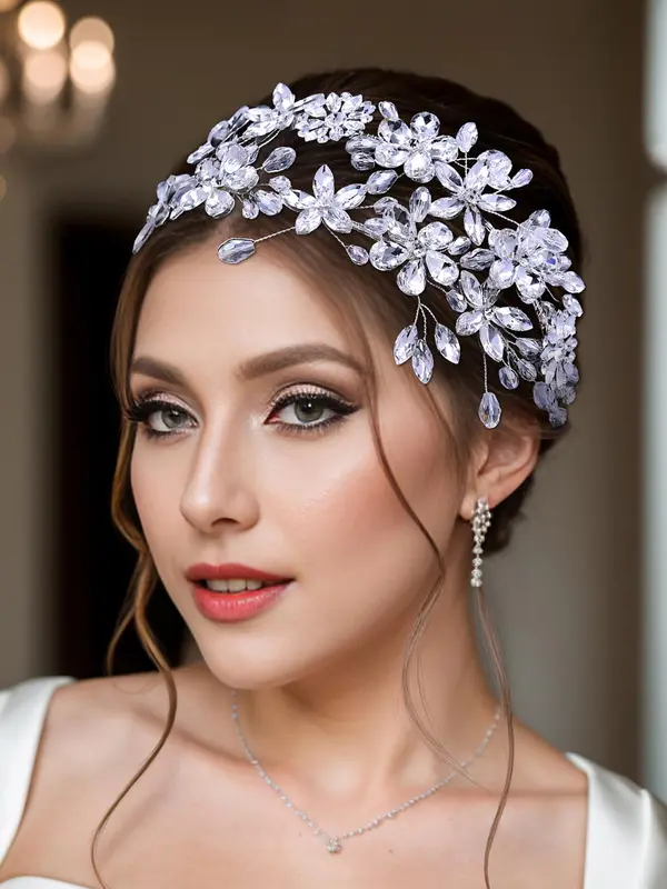 Rhinestone Decorated Flower Design Headband, Elegant Bridal Headwear for Wedding Bridal Party Formal Occasions, Fashion Hair Accessories for Women 0