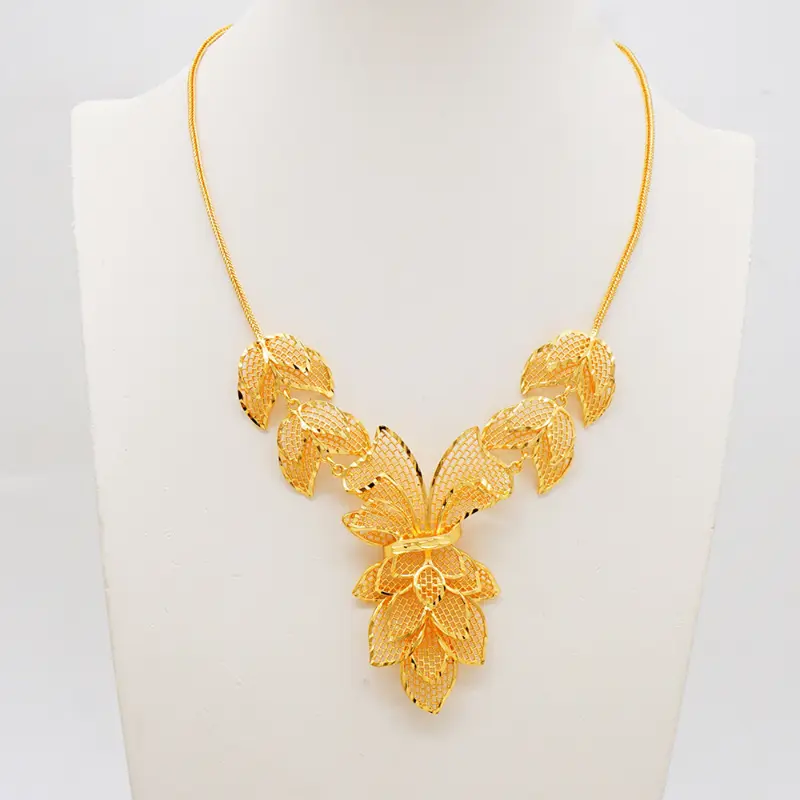 Hot Selling Dubai Luxury 24K Gold Plated Necklace Earrings Two-Piece Set Flower Bridal Wedding Jewelry 1