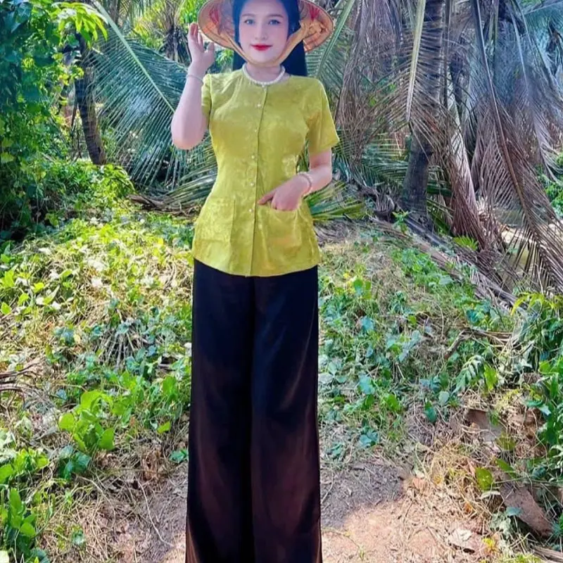 Bộ Quần Áo Bà Ba Gấm Tay Ngắn Cổ Tròn Có Túi Áo Women Top Thun áobà 2