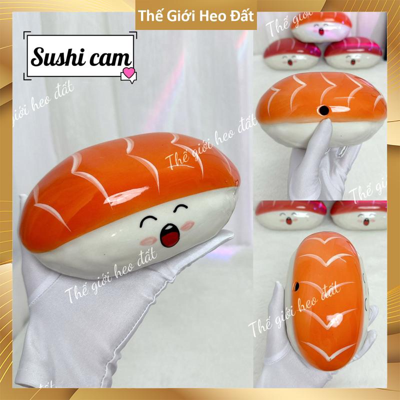 Heo đất tiết kiệm hình Sushi cá hồi lỗ tròn và khe dài, ống con lợn dễ thương màu cam, đỏ - chất liệu men sứ