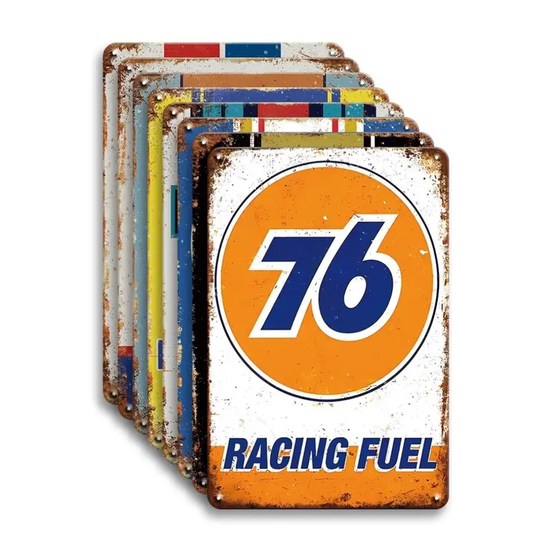 Racing Team & Motor Oil Style Metal Tin Signs Set, 8 Counts/set Wall Hanging Art Decor Plaque, Indoor Outdoor Decoration for Home Room Garage Auto Repair Shop, Signage, Home Business Decor, Multicolor 2