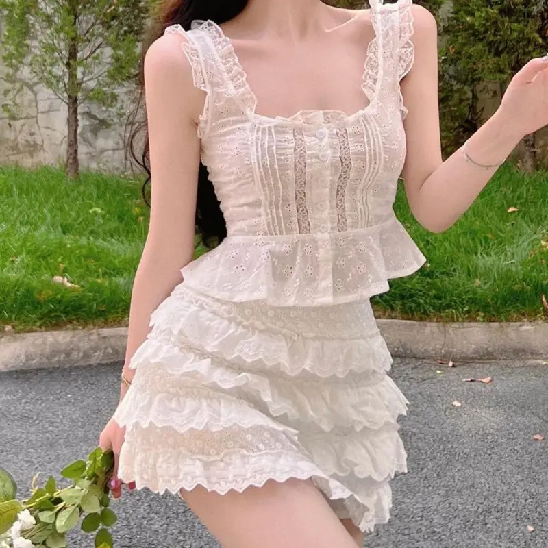 Sweet Pure Desire Small Overall Dress Set Women's Summer New Fashion Ruffles Lace Top Tiered Skirt
