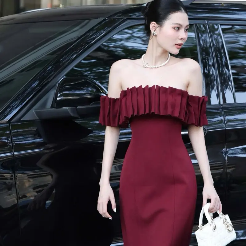 Đầm bẹt vai xếp ly nhún ngực cao cấp