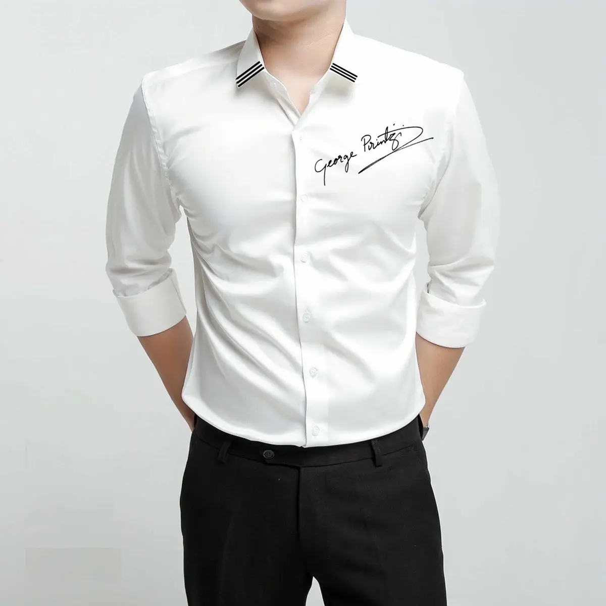Áo Sơ Mi Dài Tay In “Hoạ Tiết Chữ Ký” Phối Cổ 3 Sọc Vải Lụa Mềm Mịn Sang Trọng Thanh Lịch Menswear  Có Cổ Kate Shirt