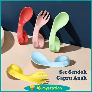 Mumystation Set Sendok Garpu Anak Anti Slip BPA Free untuk Bayi 6 Bulan - 2 Tahun Motif Merah Kuning Hijau Pink Biru