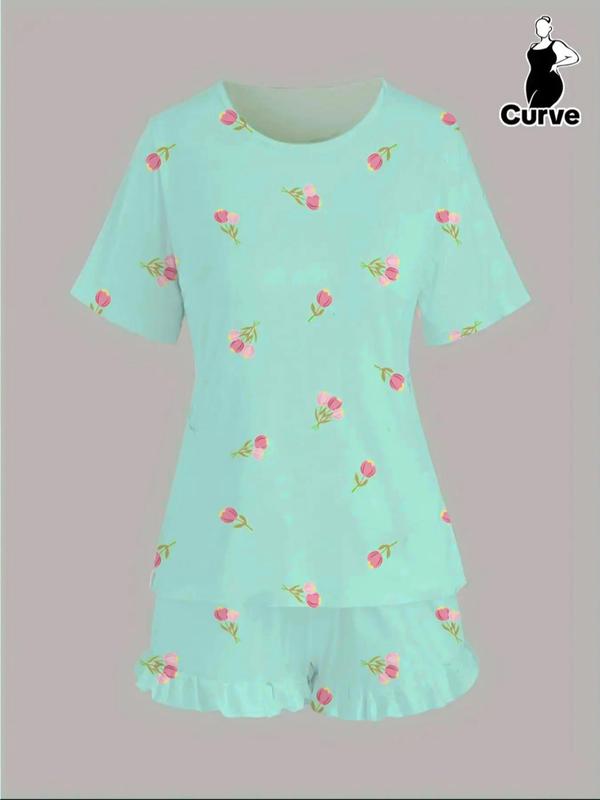 【Plus Size】 Floral Print Short Sleeve Tee & Ruffle Trim Shorts Pyjama Set, Pyjamas for Women, Round Neck T-shirt & Elastic Waist Shorts Pj Set, Women's Sleepwear for Spring & Fall, Women Nightwear, Lounge Set for Women, Pajama Sets Women, Pajamas 3