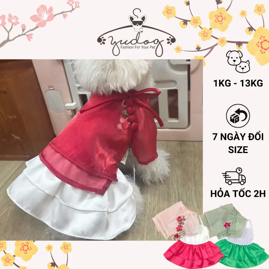 Áo đầm Minh Châu mặc cho chó mèo tết yudog áo đầm tết xinh cho thú cưng
