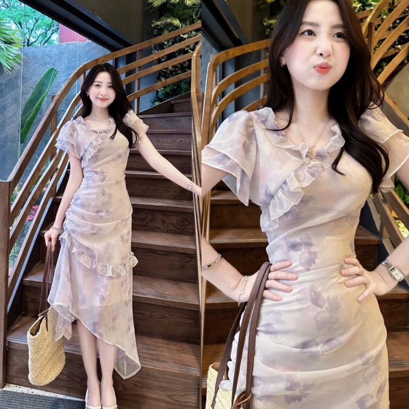 Váy hoa nhí tím pastel tay bồng 2 lớp cổ bèo tà vạt chéo