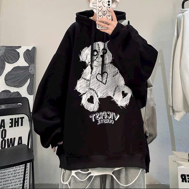 Áo khoác nỉ hoodie in hình gấu 2 màu đen và trắng nón bự 2 lớp dày - vải mịn