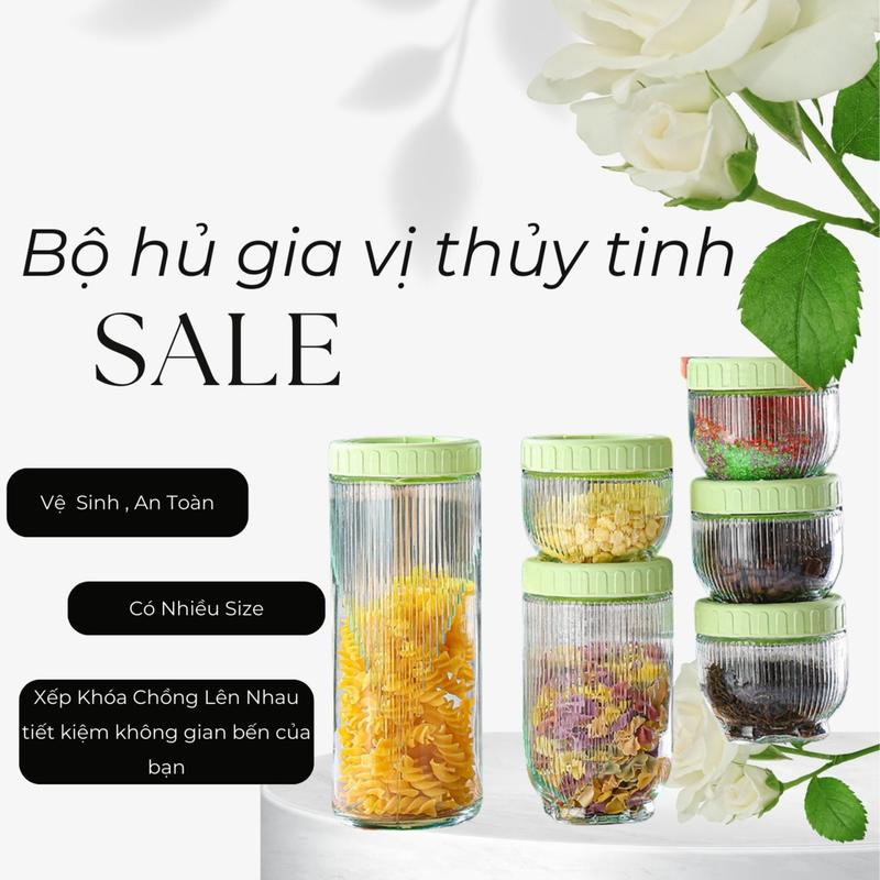 HỘP 6 CÁI Hũ Bảo Quản Thủy Tinh Kín, Lọ Bảo Quản Ngũ Cốc Chống Ẩm , Quản Trái Cây Sấy Khô, Hủ Đựng Gia Vị Có Thể Xếp Chồng Lên Nhau. Đựng Đồ Ăn thủytinh dầu