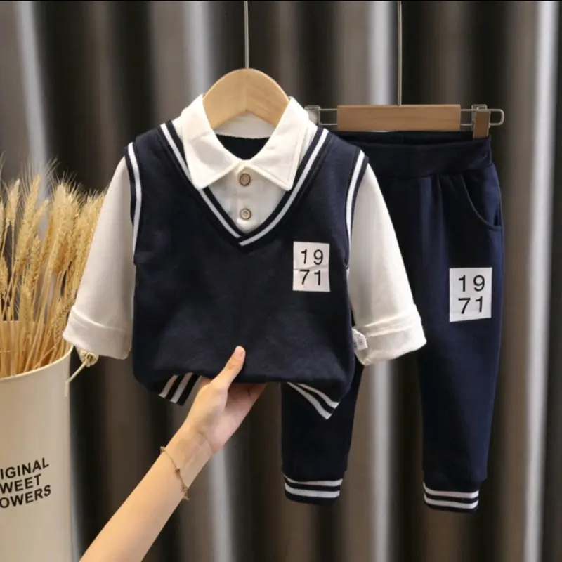 Baju bayi Cowok 6 12 bulan 1 2 3 Tahun Kemeja Lengan Panjang Set Rompi Navy biru Katun Bunda Laki-Laki Parsel Blue 1