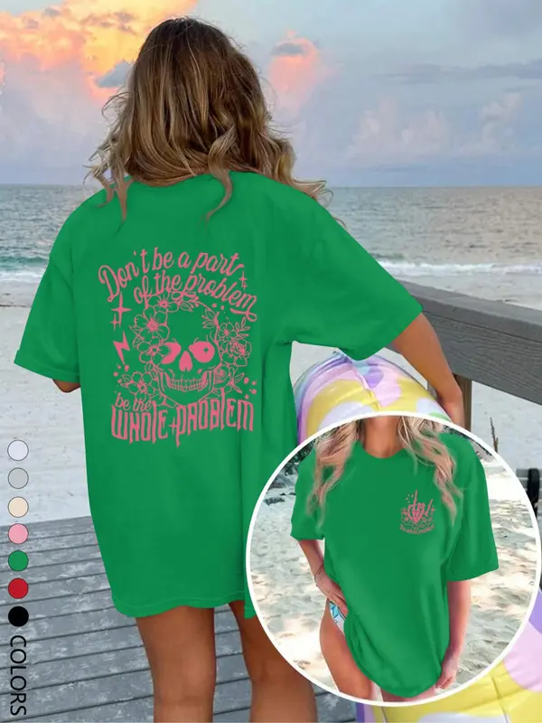 Women's Floral & Skull Print Round Neck Oversize Tee, Fashion Casual Letter Graphic Crewneck T-shirt for Daily Holiday Vacation Outdoor Wear, Ladies Clothes for Summer, Tshirt,top 1