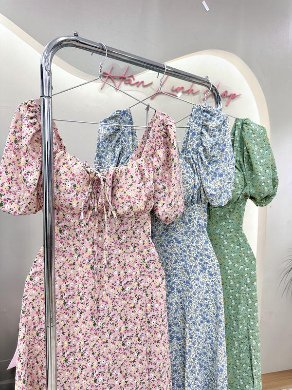 Váy hoa xẻ tà có mút ngực tay cộc - Hân Linh shop
