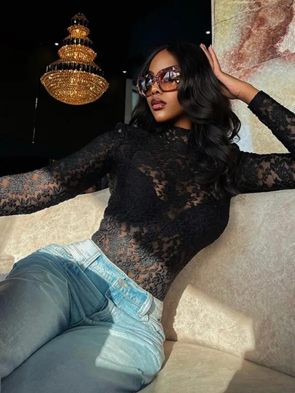 Women's Plain Floral Lace Sheer Mock Neck Tee, Street Fashion Long Sleeve T-shirt for Spring & Fall, Women's Clothing for Daily Wear 3