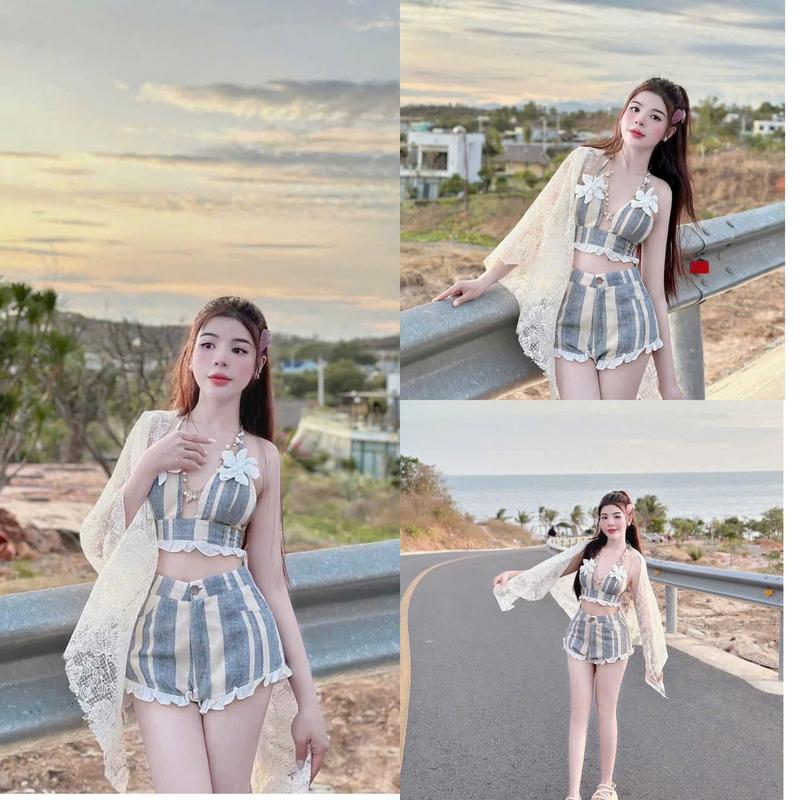 Sét Bộ 3 Món Nữ Mặc Đi Biển Chất Kaki Áo Ngắn Hai Dây Xẻ Ngực Sexy Mix Quần Đùi Lai Ren Kèm Khăn Choàng Thời Trang 0