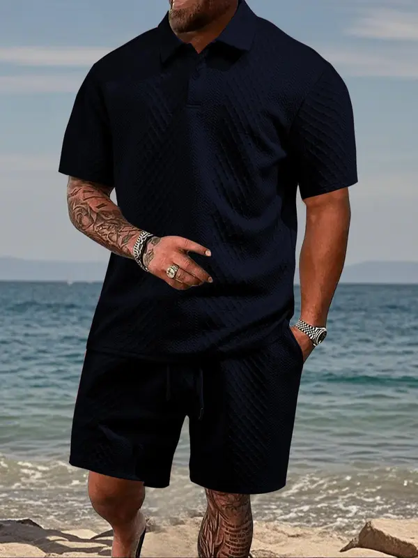 Men's Solid Shortsleeve Polo Shirt & Drawstring Waist Shorts Set, Casual Cozy Breathable Two-piece Outfits for Tropical Daily Outdoor Wear, Men Clothes for Summer Beach, Menswear, Summer Clothing Set 3