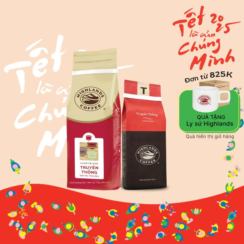 [Combo giá tốt] Cà phê rang xay Truyền thống Highlands coffee 1kg và gói 200gr Cafe