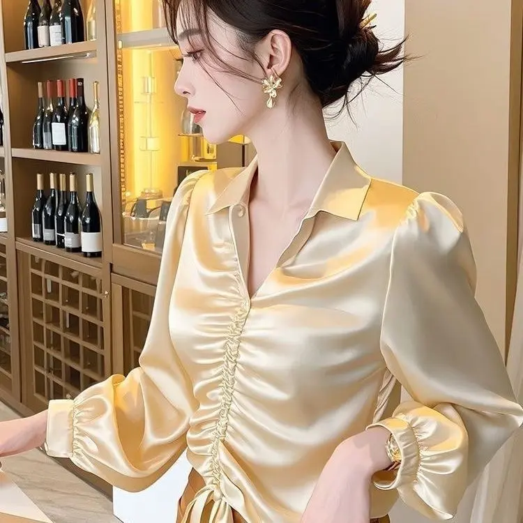 Áo Sơ Mi Dài Tay Màu Sâm Panh Sang Trọng Phong Cách Hàn Quốc, Dành Cho Nữ, Thời Trang Cao Cấp, Thích Hợp Cho Mùa Thu Sớm, Áo Thiểu Số Pháp Trẻ Trung, Hàng Mới Về