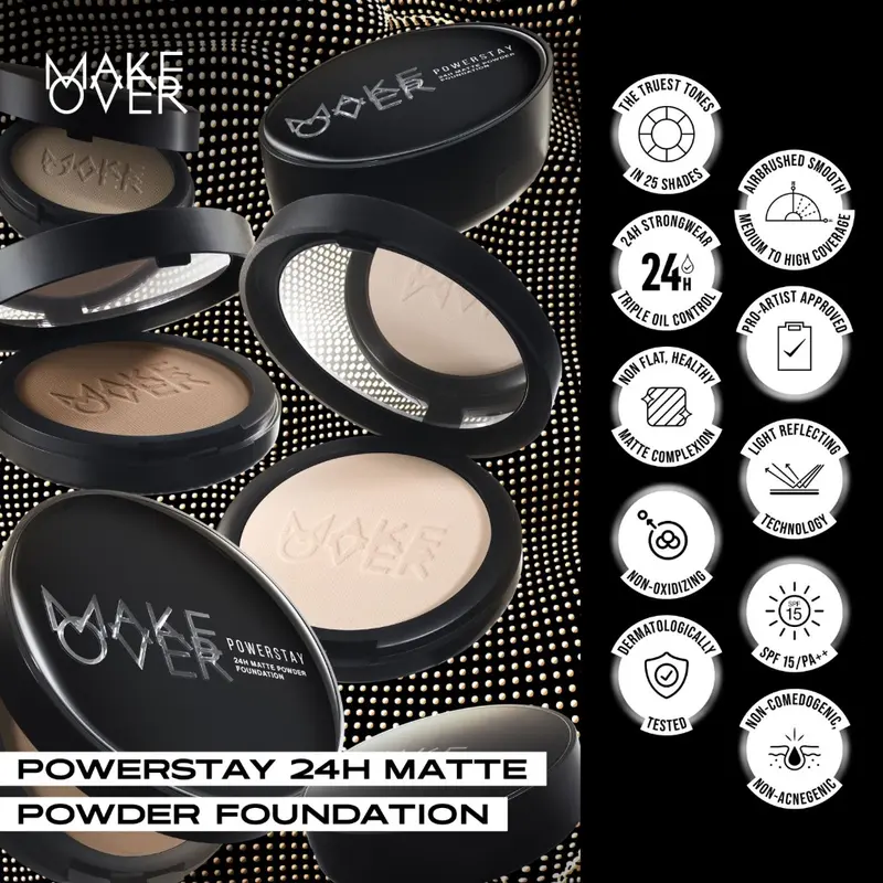 MAKE OVER Powerstay 24H Matte Powder Foundation -  Bedak padat BEST SELLER high coverage flawless ringan make up tahan lama 24 jam non-comedogenic Wajah Kering 1