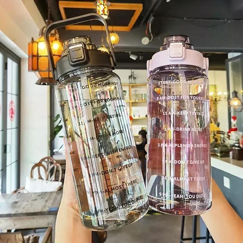 Bình Nước Cầm Tay Dung Tích 2L, Cốc Nước Có Ống Hút Bằng Nhựa Dung Tích Lớn, Bình Uống Nước, Có Điểm Đánh Dấu Thời Gian, Thích Hợp Cho Thể Thao Ngoài Trời Và Thể Dục 1