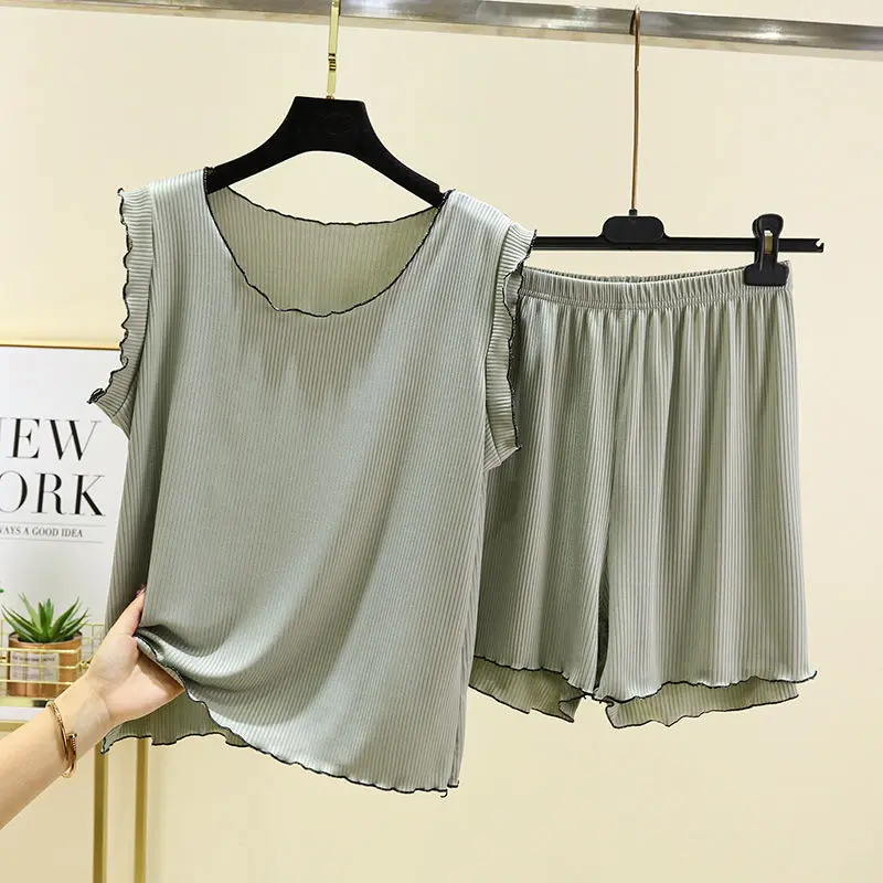 Bộ Đồ Ngủ Quần Đùi Vest Vải Modal, Hàng Mới Về Mùa Hè, Bộ Đồ Nữ, Dây Selvedge, Đồ Mặc Nhà, Dáng Rộng Vừa Vặn, Bộ Đồ Hai Mảnh Mỏng