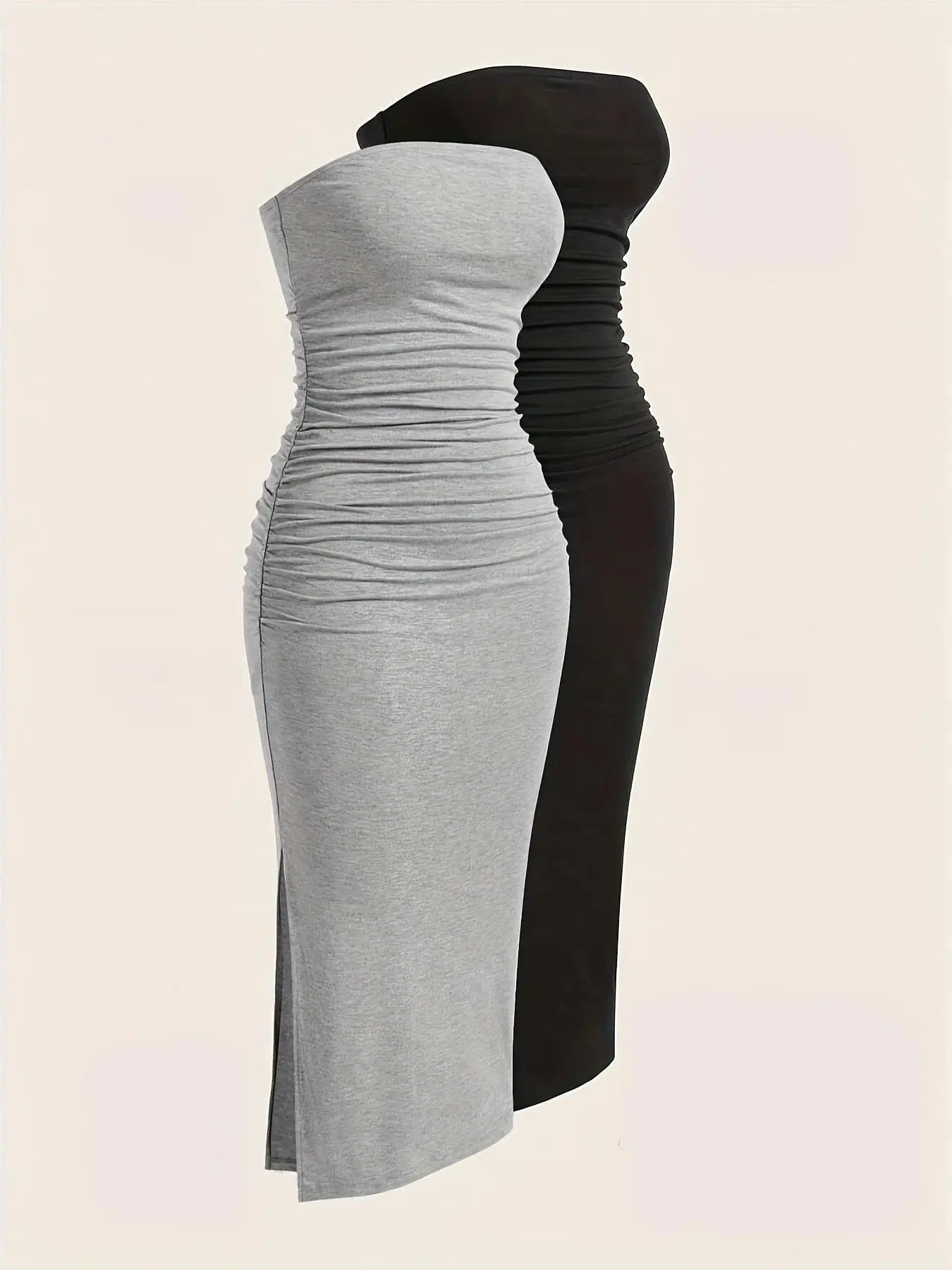 Women's Plain Ruched Split Hem Bodycon Tube Dress, National Day Clothing, Casual Fashion Sleeveless Strapless Bandeau Dress for Daily Outdoor Wear, Summer Dress, Sun Dresses, Dresses for Women, Summer Dresses, Holiday Dresses, Womenswear